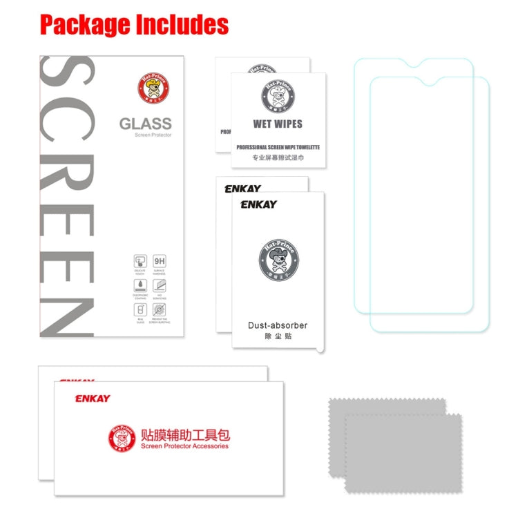 Screen protector kit package includes glass films, wet wipes, and dust absorber