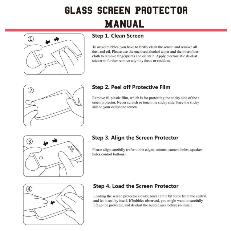 Glass screen protector manual with step-by-step installation instructions