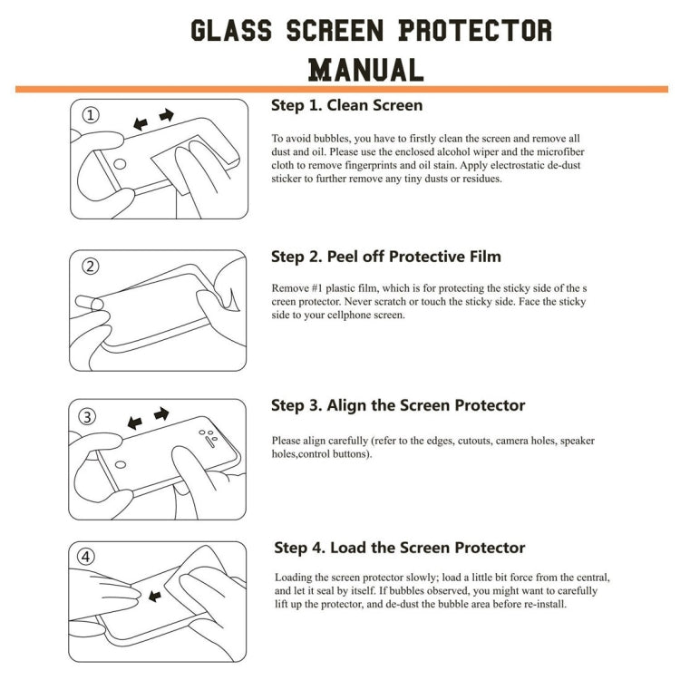 Glass screen protector installation guide with step-by-step alignment and smoothing