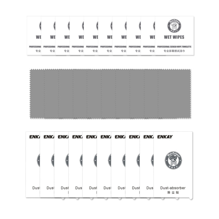 Screen protector kit with wet wipes, dust-absorber tabs, and application cards
