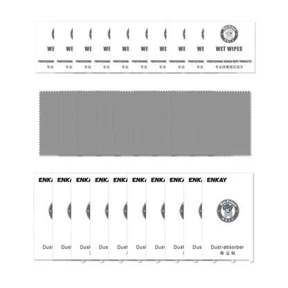 Screen protector kit with wet wipes, dust-absorber tabs, and application cards
