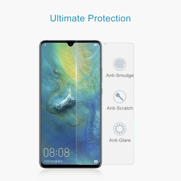 Clear tempered glass screen protector on smartphone with anti-smudge, anti-scratch icons