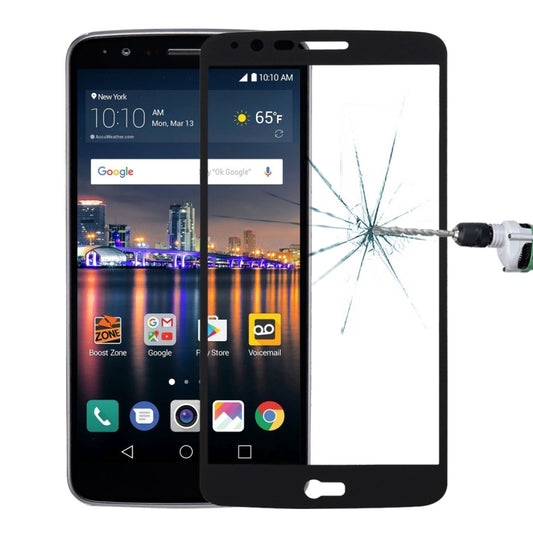Black full-screen tempered glass screen protector on phone, impact test showing cracked glass