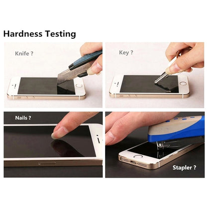 Tempered glass screen protector hardness testing with knife, key, nails, and stapler
