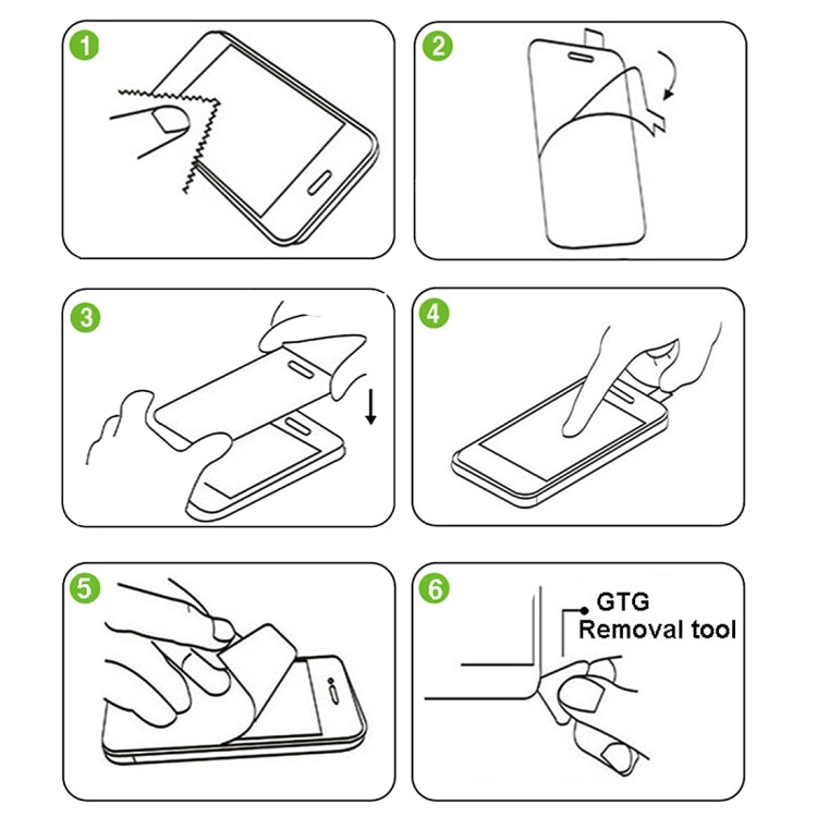 Tempered glass film installation steps shown in numbered icons, including alignment and cleaning