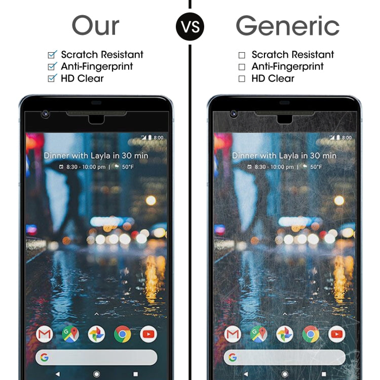 Tempered glass screen protector for Google Pixel 2 XL shown side-by-side
