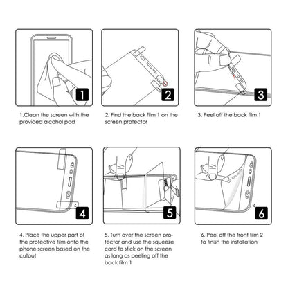 Screen protector installation steps guide showing cleaning, peeling, and smoothing