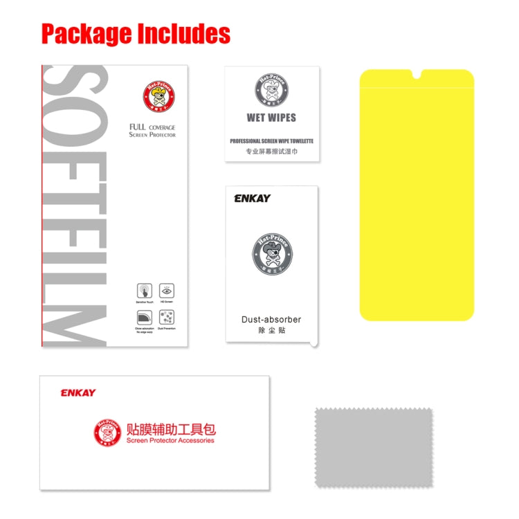 Package includes ENKAY full screen protector film, wipes, and accessories