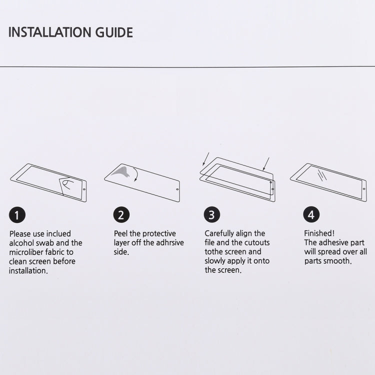 Installation guide diagrams for applying a tablet screen protector film to a device