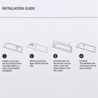 Installation guide diagrams for applying a tablet screen protector film to a device