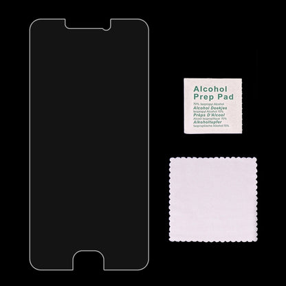 Tempered glass screen protector with alcohol prep pad and cleaning cloth, front-fit shape.