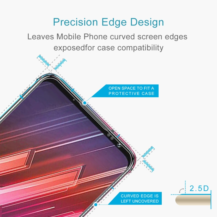 Curved-edge tempered glass screen protector film for a phone display.