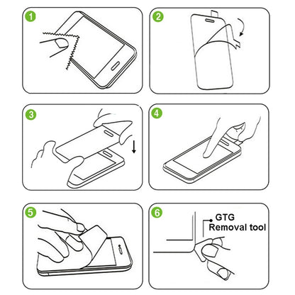 Tempered glass screen protector installation guide with 6 step icons