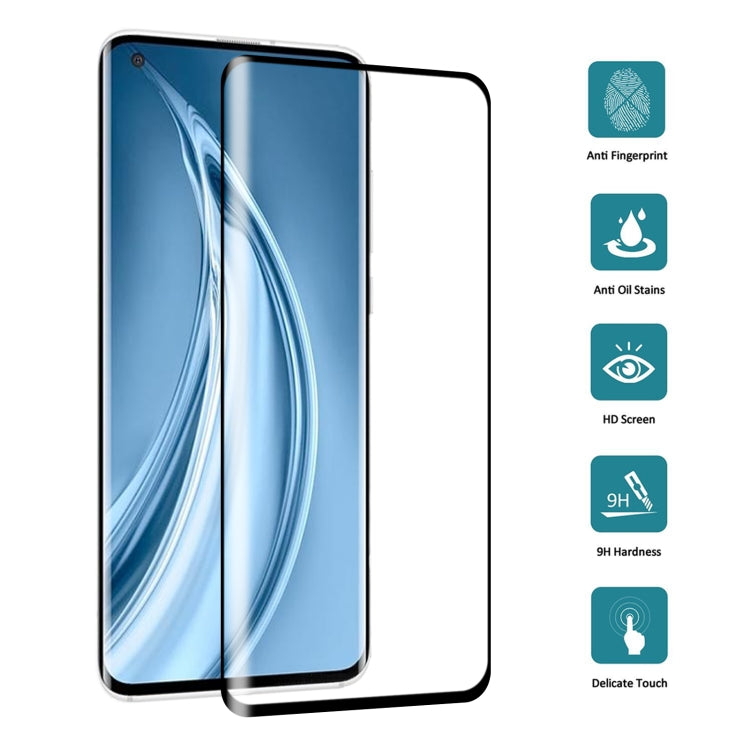 3D curved tempered glass screen protector film on smartphone front with icons