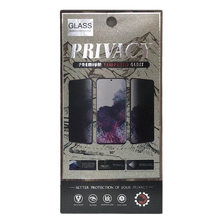 Privacy tempered glass screen protector retail package with three film panels graphic