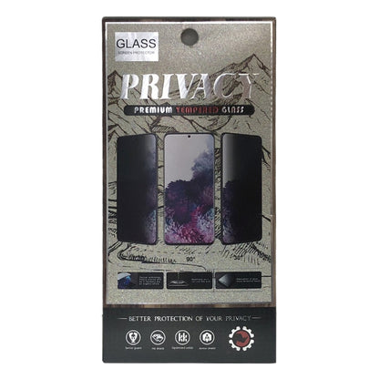 Privacy tempered glass screen protector retail package with three film panels graphic