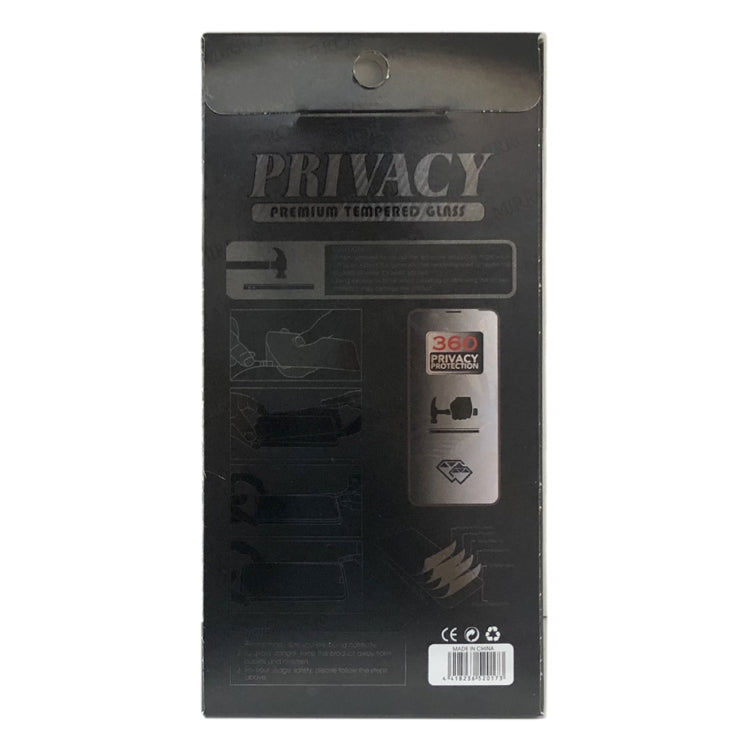 Back of privacy tempered glass screen protector retail package with 360 privacy icon