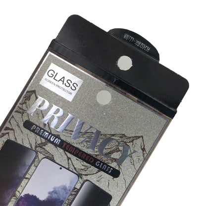 Close-up of privacy tempered glass screen protector retail package with hanging holes
