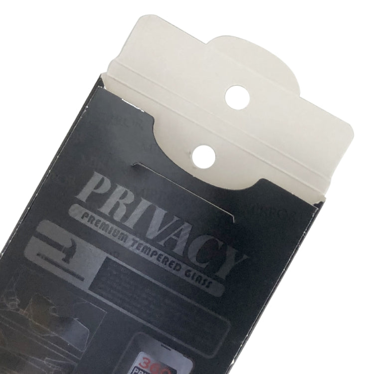 Close-up of privacy tempered glass screen protector retail package with 360 privacy badge