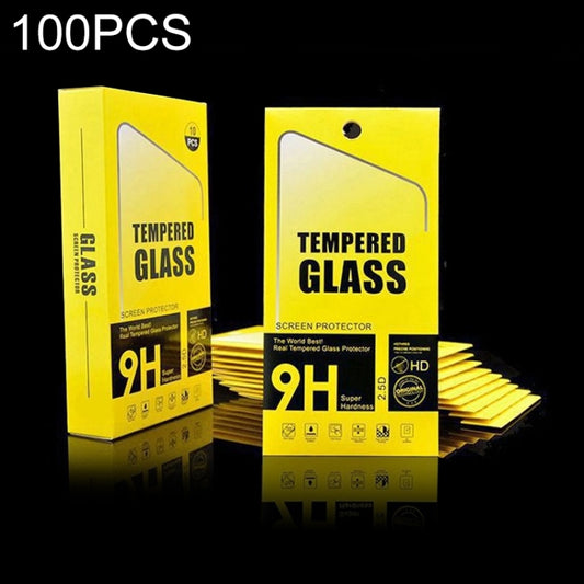 Pack of tempered glass screen protector boxes, yellow 100-count packaging