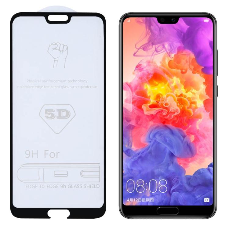 Tempered glass screen protector film installed on Huawei P20 Pro, full coverage