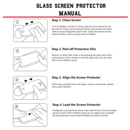 Glass screen protector manual with four-step application instructions