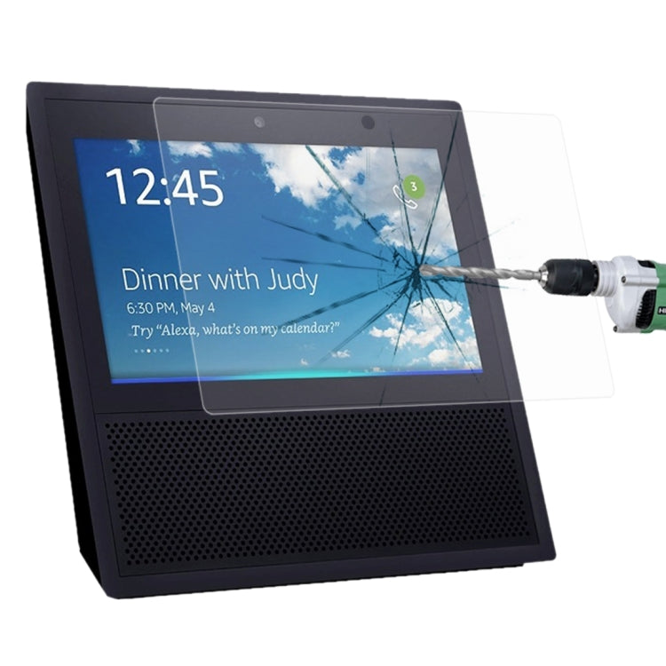 Clear tempered glass screen protector for Echo Show tablet display, with visible cracked impact