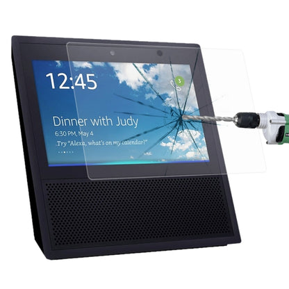 Clear tempered glass screen protector for Echo Show tablet display, with visible cracked impact