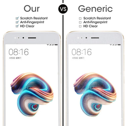 Tempered glass screen protector, HD clear and scratch-resistant, shown vs generic
