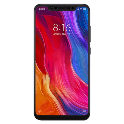 Black tempered glass screen protector for Xiaomi Mi 8, fitted to the front.