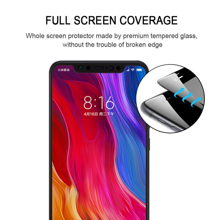Black tempered glass screen protector for Xiaomi Mi 8 with full-screen fit.