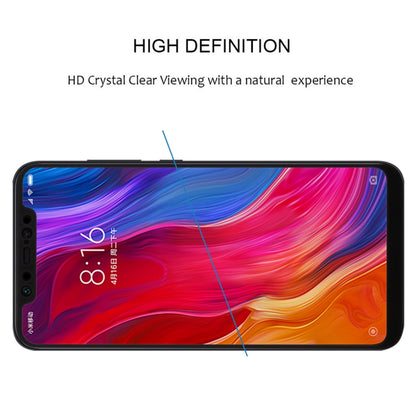 Black 2.5D tempered glass screen protector for Xiaomi Mi 8, curved edge fit.