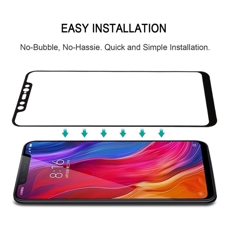 Black tempered glass screen protector for Xiaomi Mi 8, aligned for easy installation.