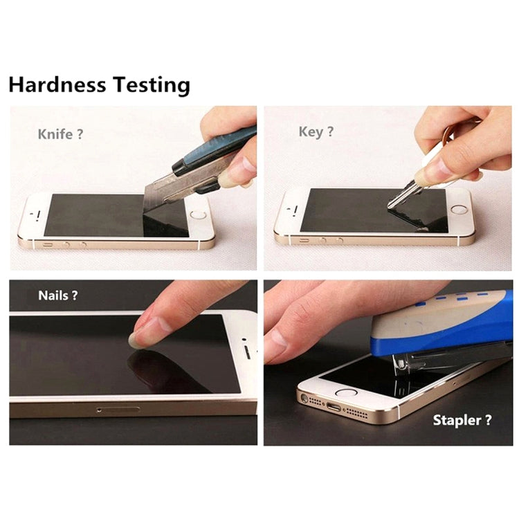 Tempered glass screen protector shown in hardness test with knife, key, nails
