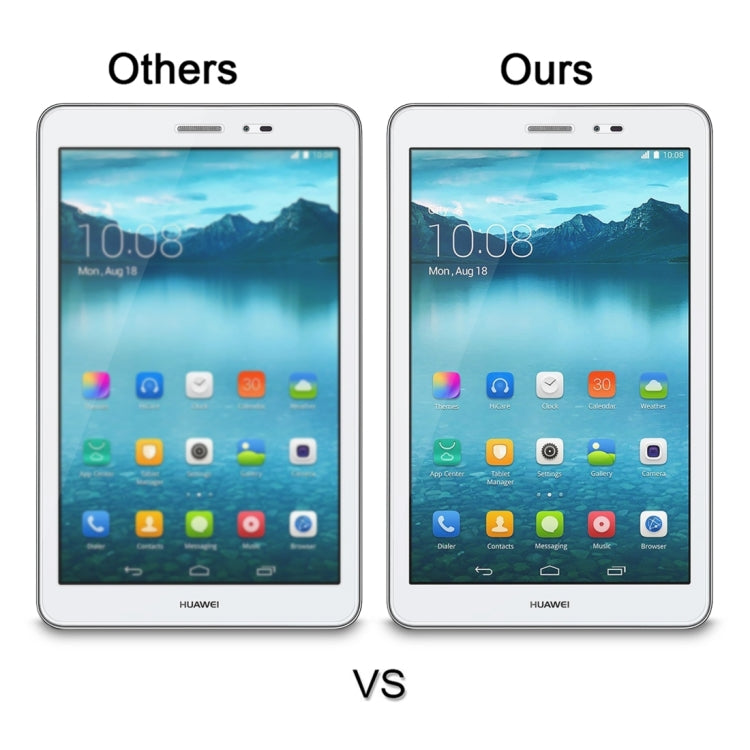 Tablet screen protector comparison: 'Ours' shows clearer full-screen fit