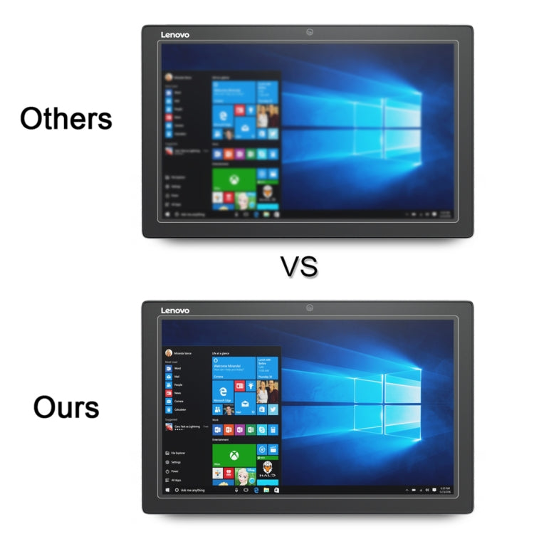 Tempered glass screen protector for Lenovo Miix 5 shown in before-and-after clarity comparison