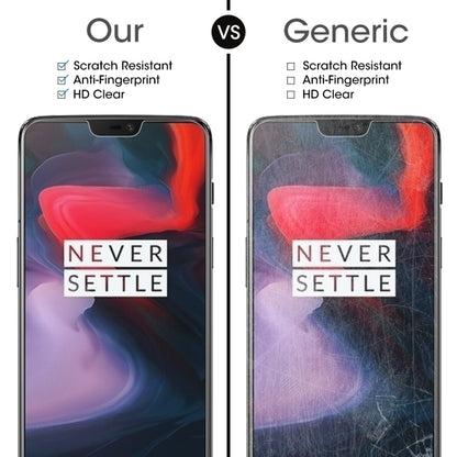 Tempered glass screen protector on OnePlus 6 phone shown versus generic protector