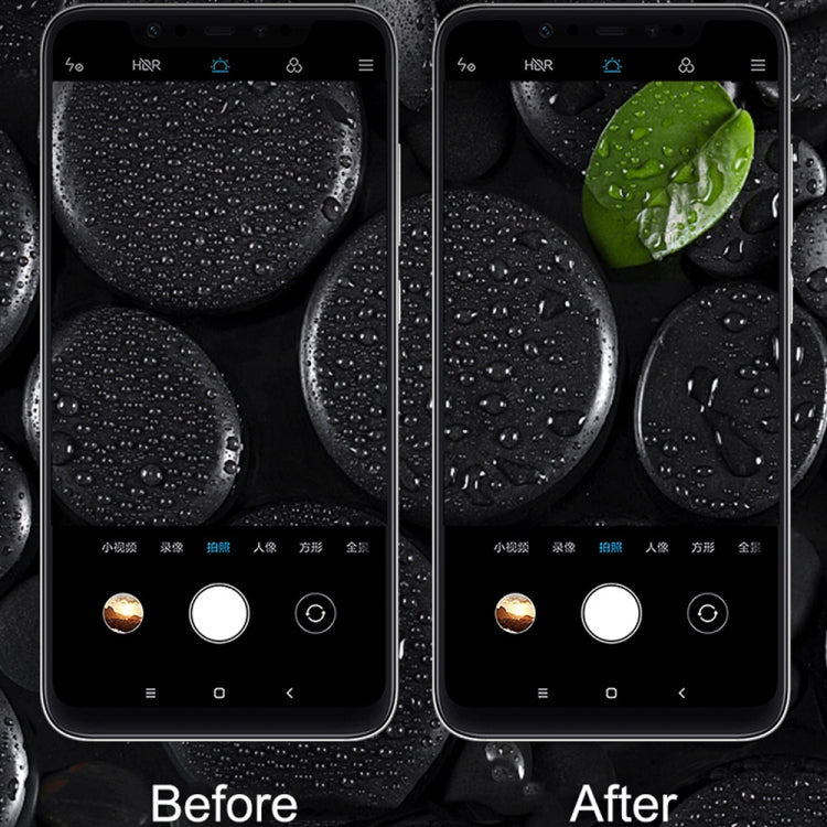 Rear camera lens protector film applied to smartphone, water droplets detail