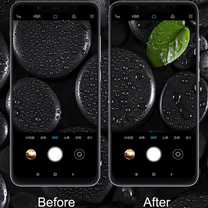 Rear camera lens protector film applied to smartphone, water droplets detail