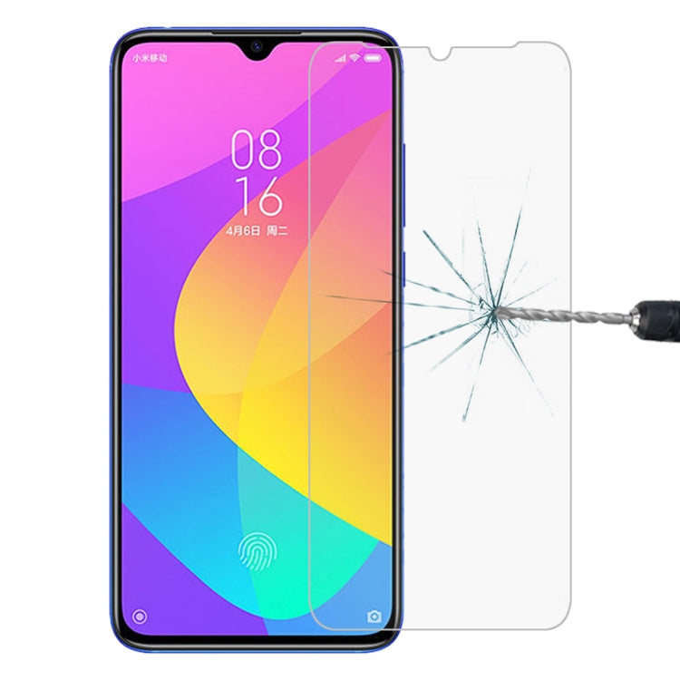 Tempered glass screen protector on Xiaomi Mi CC9, front shield with cracked impact