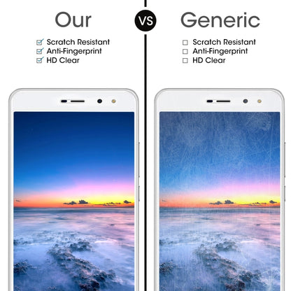 Clear tempered glass screen protectors on two phones; right screen shows cracks