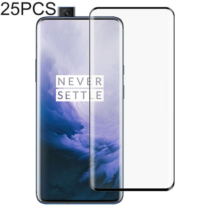 Tempered glass screen protector film set with curved edges, for OnePlus 7 Pro, black, 25-pack