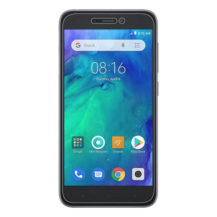 Tempered glass screen protector film applied to a Redmi Go phone display