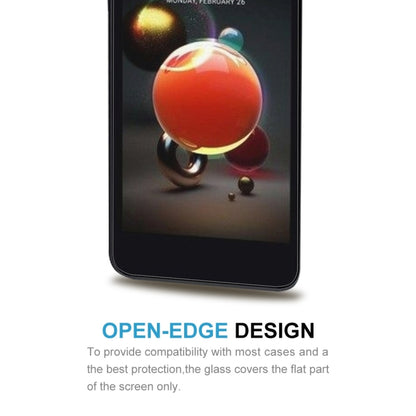 Open-edge tempered glass screen protector for LG K8 2018, covers flat screen area