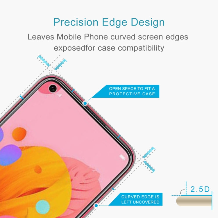 2.5D tempered glass screen protector with open-edge design for case compatibility.