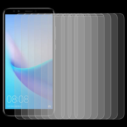 Set of 10 clear tempered glass screen protectors, layered on phone screen area