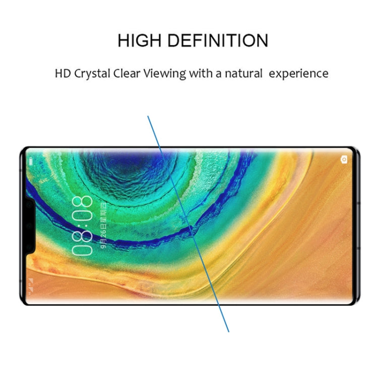 Curved tempered glass screen protector laid over a phone display, clear view