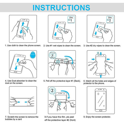 Screen protector installation guide showing cleaning and alignment steps