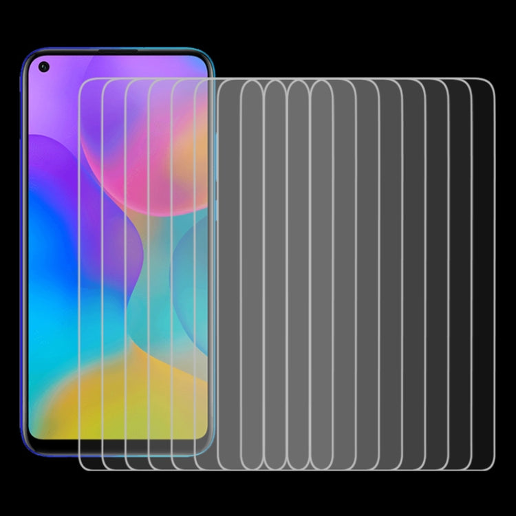 10-pack clear tempered glass screen protector films lined up for phone screen
