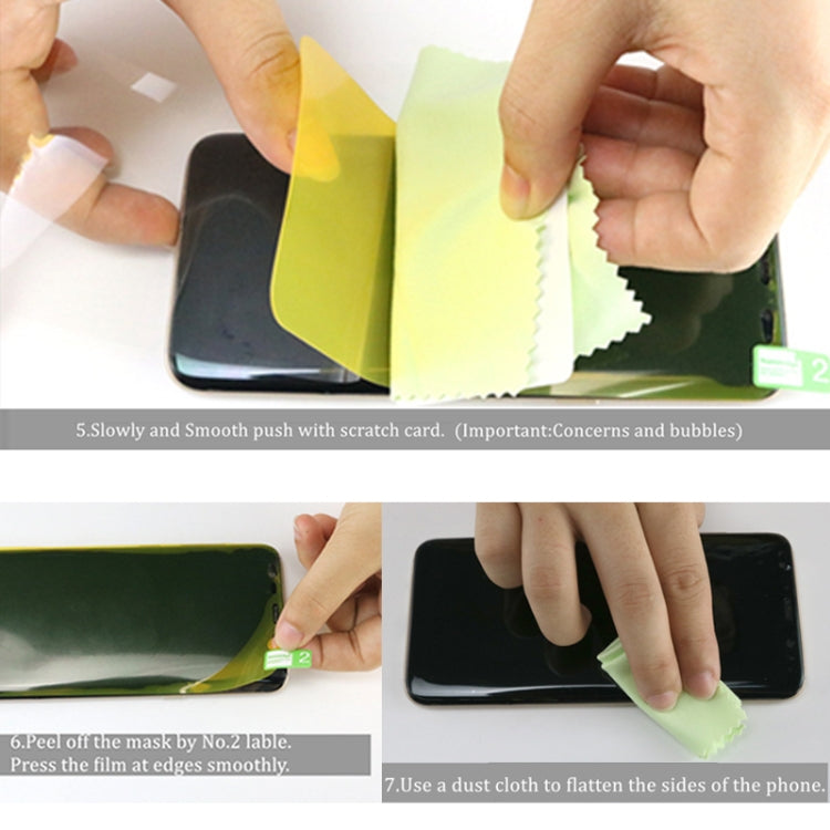 Screen protector installation steps: peel, smooth, and flatten the edges